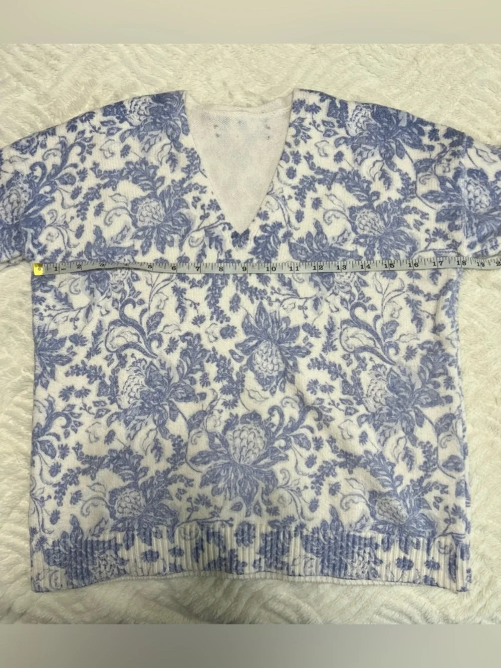 Blue Toile Floral Knit Sweater Cottagecore Romantic Grandmacore Soft Girl
